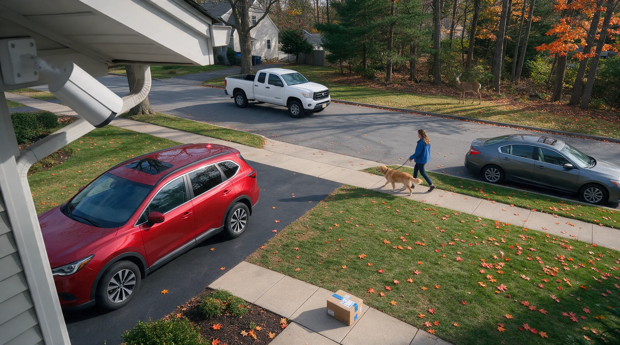 A security camera under the eave aimed at the driveway and street by day with a red SUV, a white pickup, a gray sedan, a woman walking a dog, a deer by the trees and a package on the walkway.