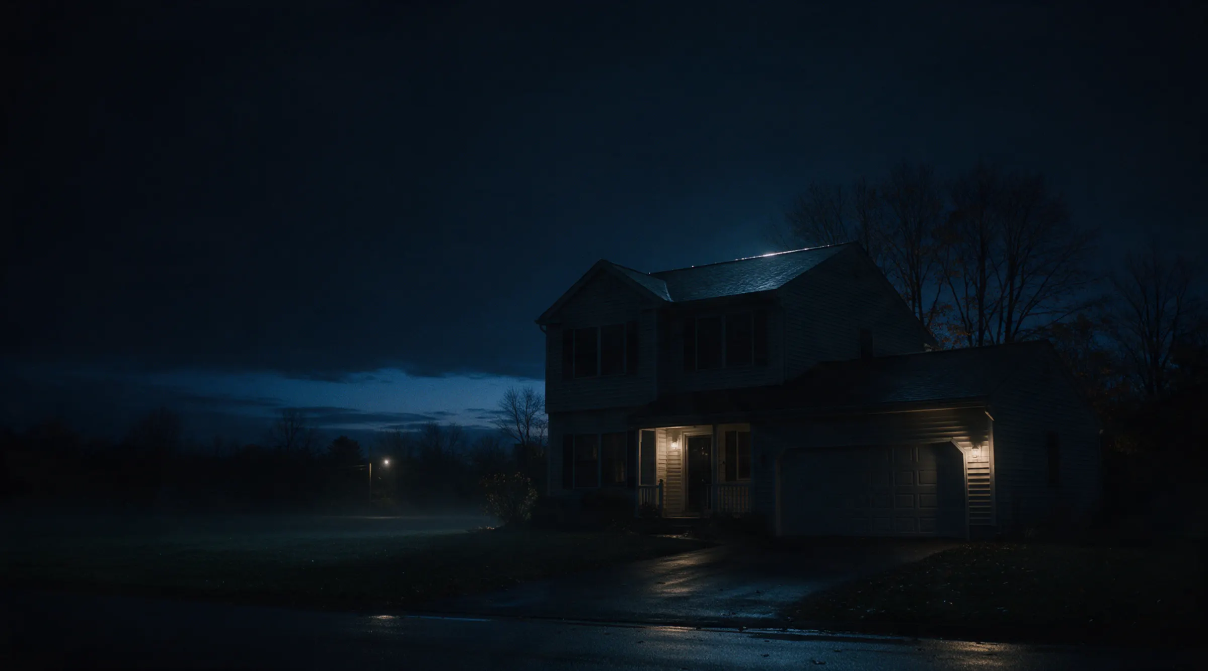 A two-story house at night with dark windows, a wet driveway and mist across the lawn.