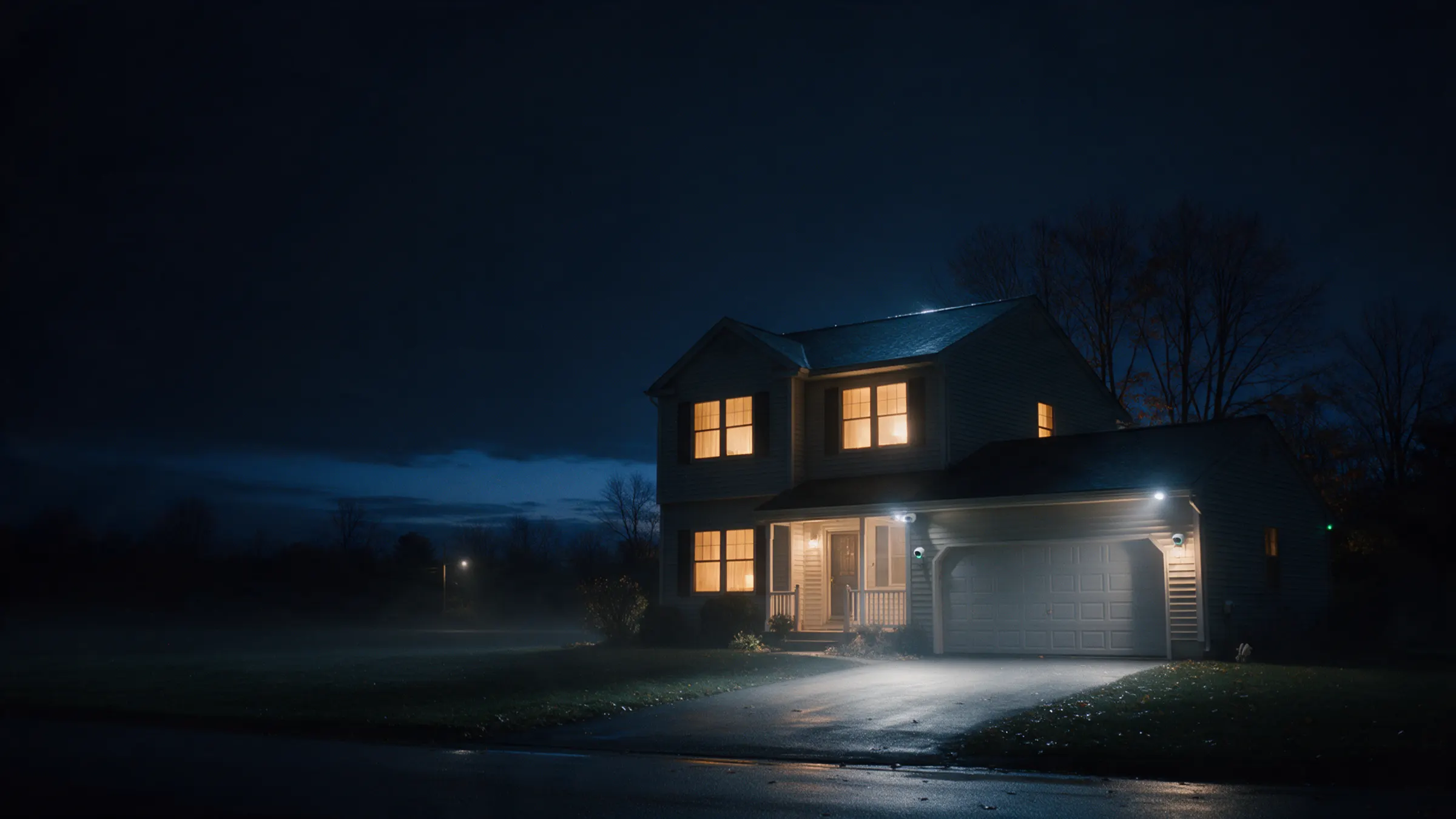 The same house fully lit: every window glowing, floodlights over the driveway, cameras on the garage and porch.
