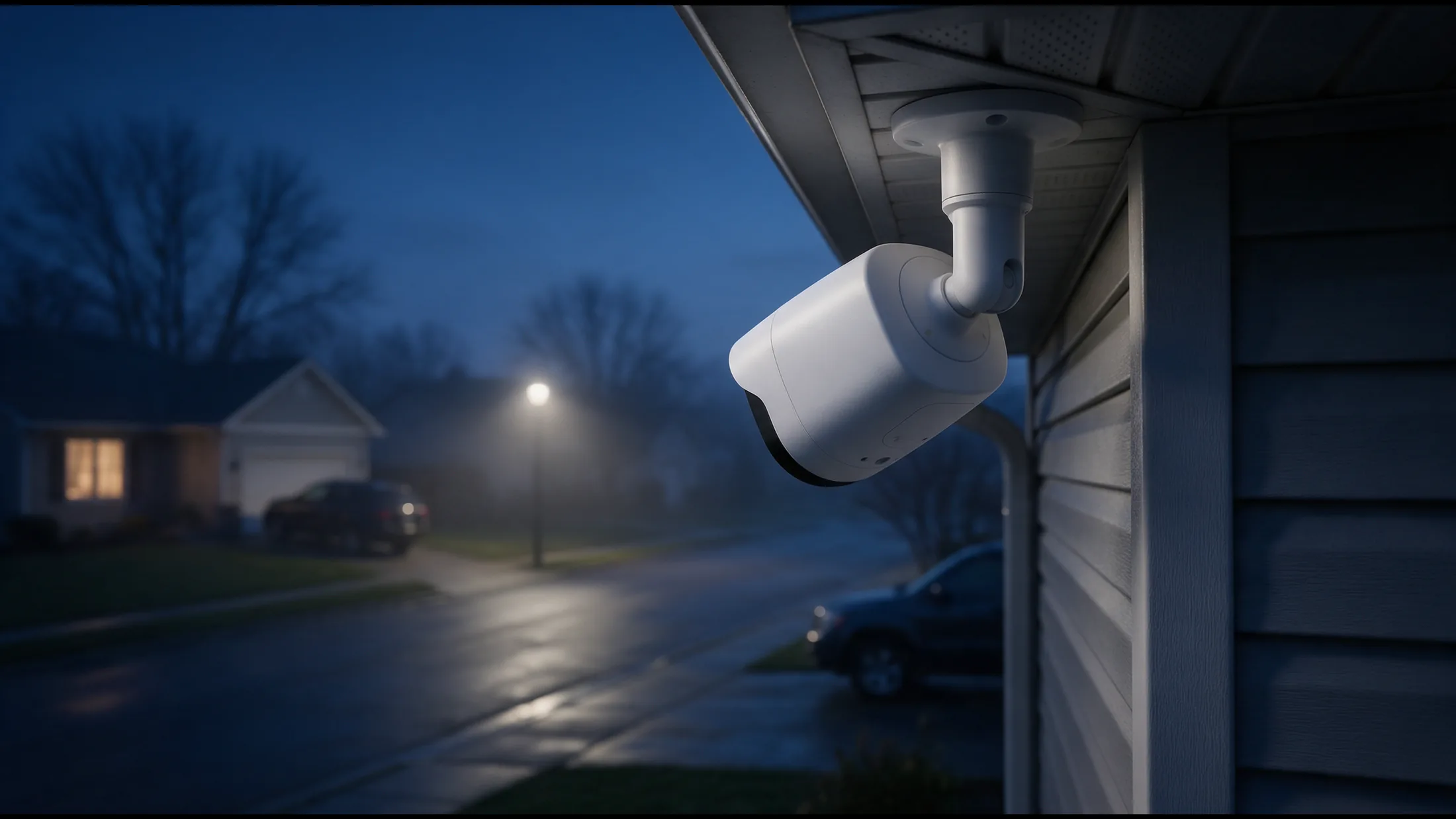 A white security camera under the roof eave, aimed out at the street and the neighbors' driveways at night.