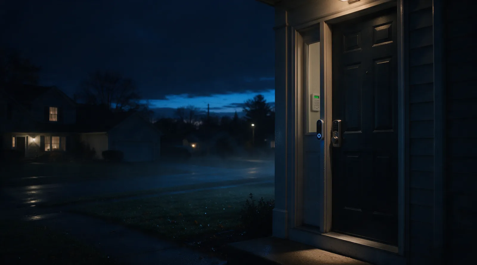A front door at night with a smart lock, a video doorbell and an alarm keypad glowing through the side window.