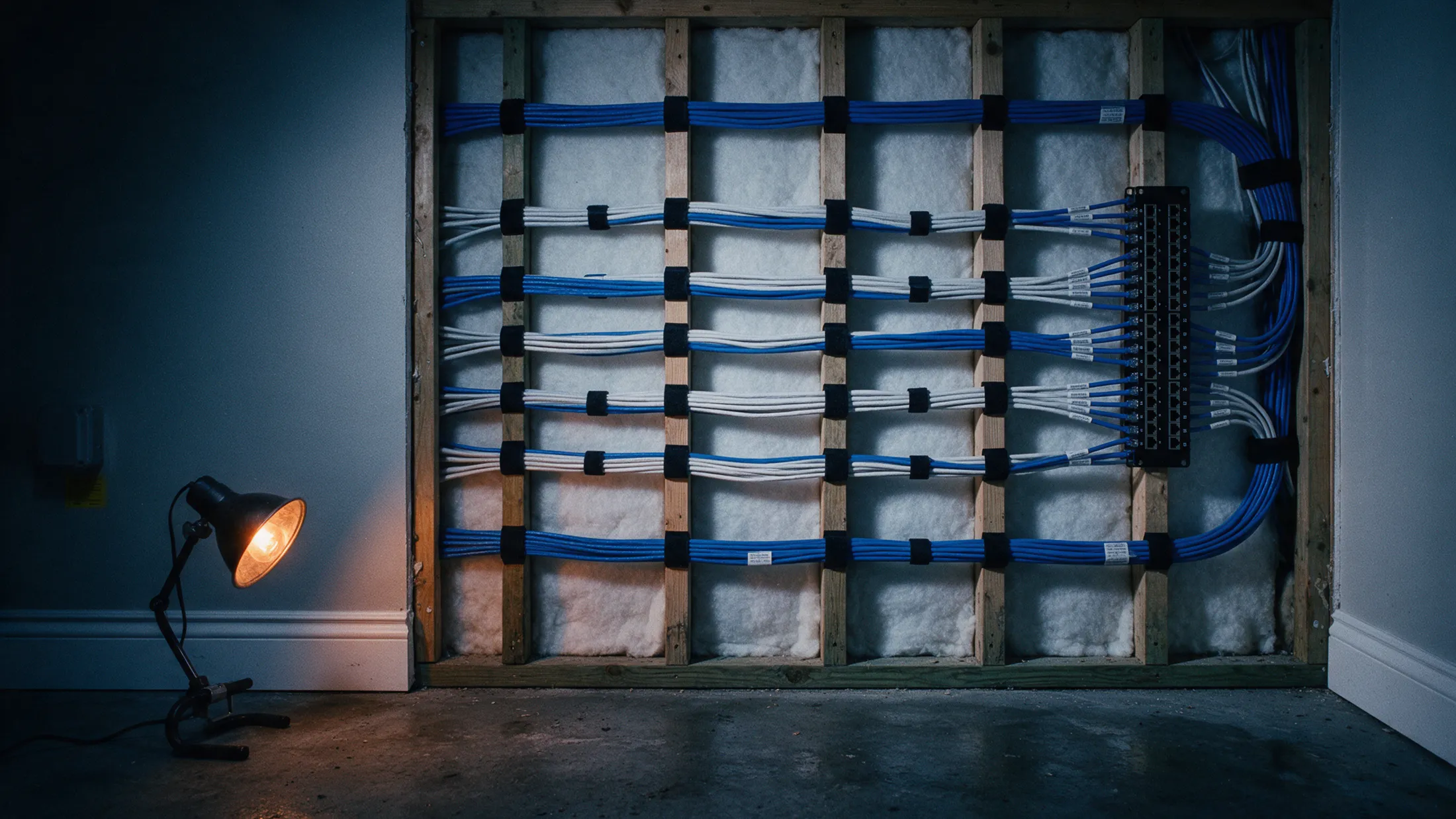 An open wall section with neat, parallel runs of blue and white low-voltage cable strapped to the studs and ending in a patch panel.