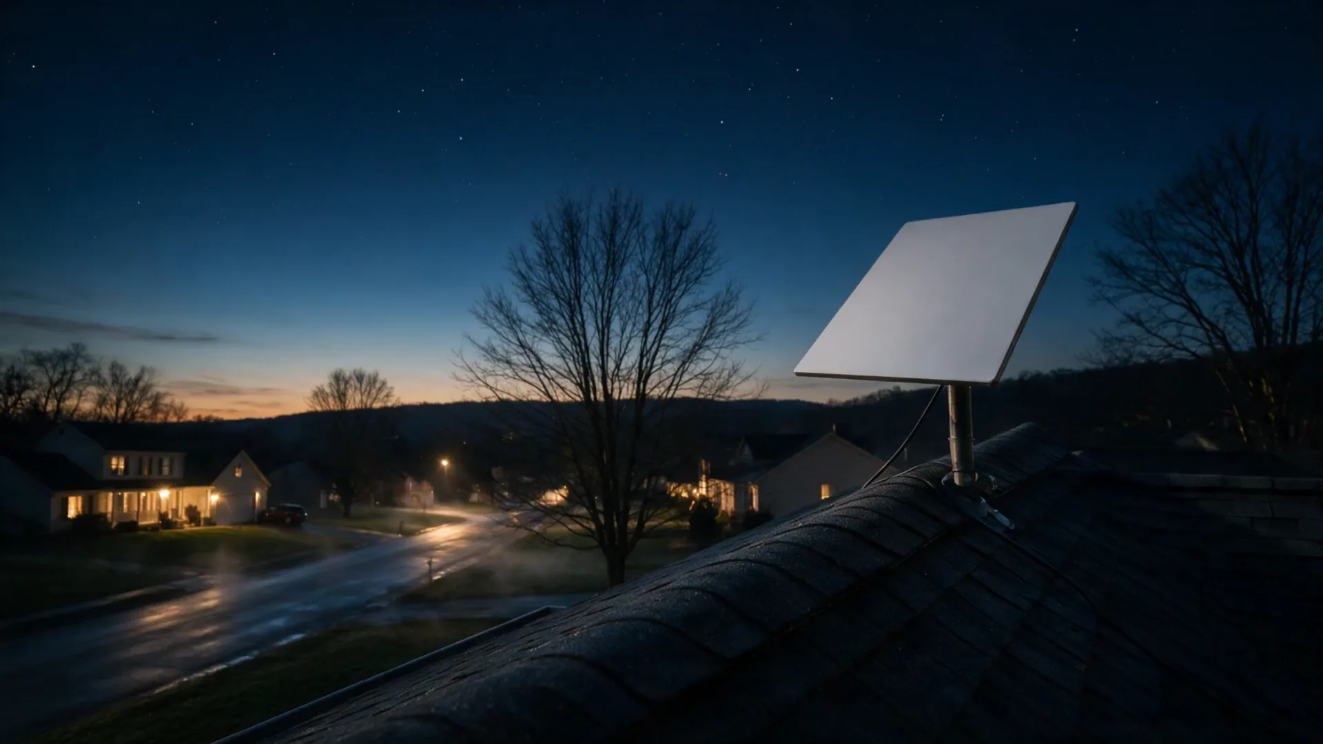 A Starlink dish on a mast at the ridge of a shingle roof at dusk, with the neighborhood below.